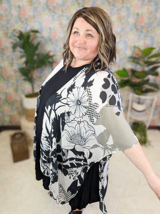 Jax Gray, Black + Faded Olive Kimono in Sketched Floral + Dots-4- Overlayer Tops-urbanista-Styled by Stacked - A Plus Size Women's Boutique in Lakeville, MN
