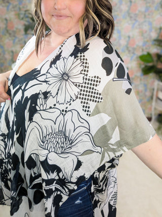 Jax Gray, Black + Faded Olive Kimono in Sketched Floral + Dots-4- Overlayer Tops-urbanista-Styled by Stacked - A Plus Size Women's Boutique in Lakeville, MN
