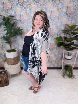 Jax Gray, Black + Faded Olive Kimono in Sketched Floral + Dots-4- Overlayer Tops-urbanista-Styled by Stacked - A Plus Size Women's Boutique in Lakeville, MN