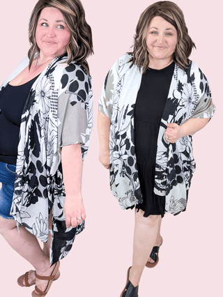 Jax Gray, Black + Faded Olive Kimono in Sketched Floral + Dots-4- Overlayer Tops-urbanista-Styled by Stacked - A Plus Size Women's Boutique in Lakeville, MN