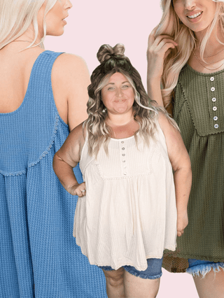 Jaycee Lace Trim Flowy Button Tank in Waffle Solids-1- ShortSlv/Slvless Tops-sweet lovely by jen-Styled by Stacked - A Plus Size Women's Boutique in Lakeville, MN