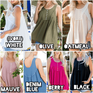 Jaycee Lace Trim Flowy Button Tank in Waffle Solids-1- ShortSlv/Slvless Tops-sweet lovely by jen-Styled by Stacked - A Plus Size Women's Boutique in Lakeville, MN