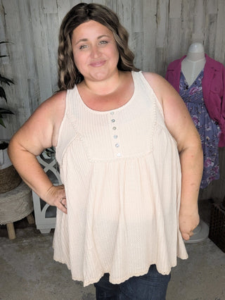 Jaycee Lace Trim Flowy Button Tank in Waffle Solids-1- ShortSlv/Slvless Tops-sweet lovely by jen-Styled by Stacked - A Plus Size Women's Boutique in Lakeville, MN
