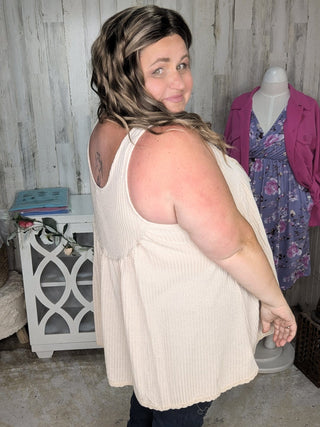 Jaycee Lace Trim Flowy Button Tank in Waffle Solids-1- ShortSlv/Slvless Tops-sweet lovely by jen-Styled by Stacked - A Plus Size Women's Boutique in Lakeville, MN