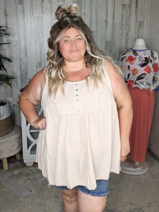 Jaycee Lace Trim Flowy Button Tank in Waffle Solids-1- ShortSlv/Slvless Tops-sweet lovely by jen-Styled by Stacked - A Plus Size Women's Boutique in Lakeville, MN