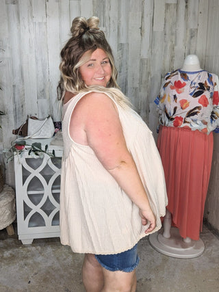 Jaycee Lace Trim Flowy Button Tank in Waffle Solids-1- ShortSlv/Slvless Tops-sweet lovely by jen-Styled by Stacked - A Plus Size Women's Boutique in Lakeville, MN