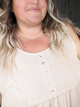 Jaycee Lace Trim Flowy Button Tank in Waffle Solids-1- ShortSlv/Slvless Tops-sweet lovely by jen-Styled by Stacked - A Plus Size Women's Boutique in Lakeville, MN