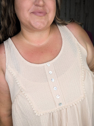 Jaycee Lace Trim Flowy Button Tank in Waffle Solids-1- ShortSlv/Slvless Tops-sweet lovely by jen-Styled by Stacked - A Plus Size Women's Boutique in Lakeville, MN