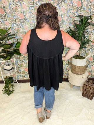 Jaycee Lace Trim Flowy Button Tank in Waffle Solids-1- ShortSlv/Slvless Tops-sweet lovely by jen-Styled by Stacked - A Plus Size Women's Boutique in Lakeville, MN