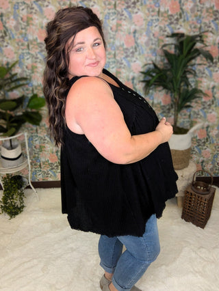 Jaycee Lace Trim Flowy Button Tank in Waffle Solids-1- ShortSlv/Slvless Tops-sweet lovely by jen-Styled by Stacked - A Plus Size Women's Boutique in Lakeville, MN