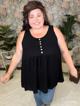 Jaycee Lace Trim Flowy Button Tank in Waffle Solids-1- ShortSlv/Slvless Tops-sweet lovely by jen-Styled by Stacked - A Plus Size Women's Boutique in Lakeville, MN