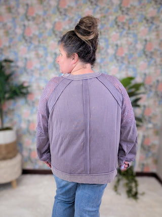 Jayne Lace Accent Mineral Wash Pullover in Dusty Purple-2- Long Sleeve Tops-WHITE BIRCH-Styled by Stacked - A Plus Size Women's Boutique in Lakeville, MN