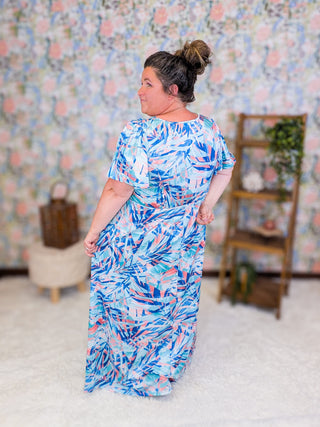 11- Dress/Romp/Jump Jessa Surplice Maxi Dress in Aqua Painted Leaf plus size clothing