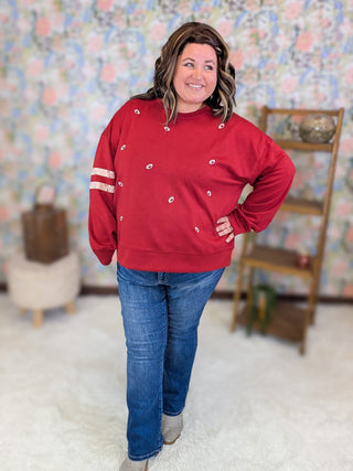 2- Long Sleeve Tops Jessica Embroidered Football Red Scuba Pullover plus size clothing