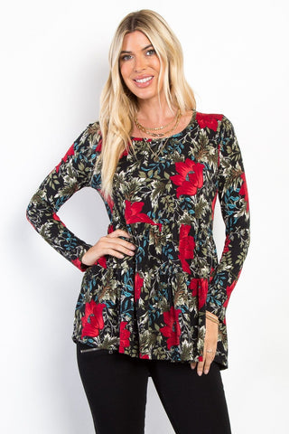 Jessie Double Tiered Scoopneck Floral Long Sleeve-2- Long Sleeve Tops-BE STAGE-Styled by Stacked - A Plus Size Women's Boutique in Lakeville, MN