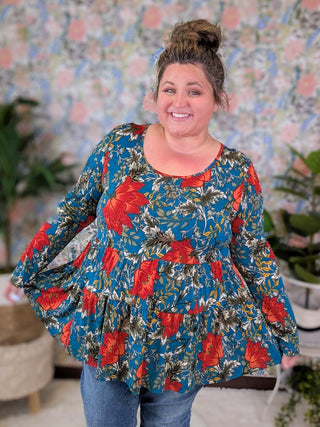 Jessie Double Tiered Scoopneck Floral Long Sleeve-2- Long Sleeve Tops-BE STAGE-Styled by Stacked - A Plus Size Women's Boutique in Lakeville, MN