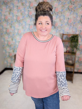 2- Long Sleeve Tops Jill Ribbed Top w/Animal Print Sleeve + Button Detail plus size clothing