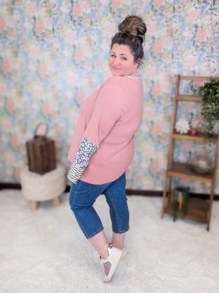 2- Long Sleeve Tops Jill Ribbed Top w/Animal Print Sleeve + Button Detail plus size clothing