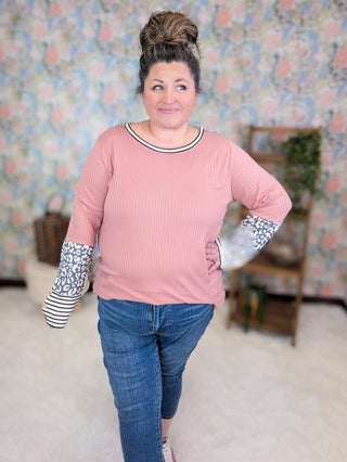 2- Long Sleeve Tops Jill Ribbed Top w/Animal Print Sleeve + Button Detail plus size clothing