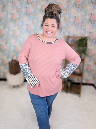 2- Long Sleeve Tops Jill Ribbed Top w/Animal Print Sleeve + Button Detail plus size clothing