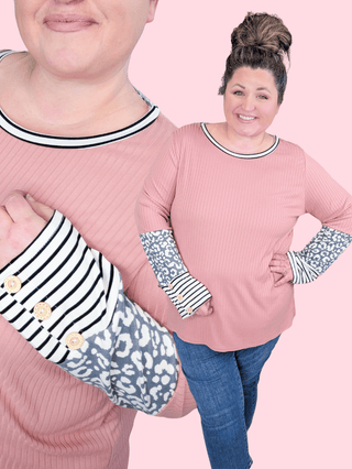 2- Long Sleeve Tops Jill Ribbed Top w/Animal Print Sleeve + Button Detail plus size clothing