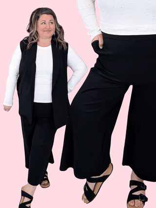 10- Bottoms Non-Denim Jillian Pull On Wide Crop Trouser in Black plus size clothing
