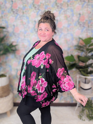 Joanie Stretch Sheer Kimono in Fuchsia Floral on Black-4- Overlayer Tops-EMERALD-Styled by Stacked - A Plus Size Women's Boutique in Lakeville, MN