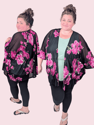 Joanie Stretch Sheer Kimono in Fuchsia Floral on Black-4- Overlayer Tops-EMERALD-Styled by Stacked - A Plus Size Women's Boutique in Lakeville, MN