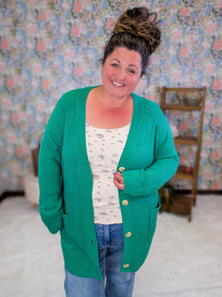 4- Overlayer Tops Joanna Slouchy Patch Pocket Breathable Cardigan in Green plus size clothing