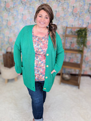 4- Overlayer Tops Joanna Slouchy Patch Pocket Grandpa Cardigan in Green plus size clothing
