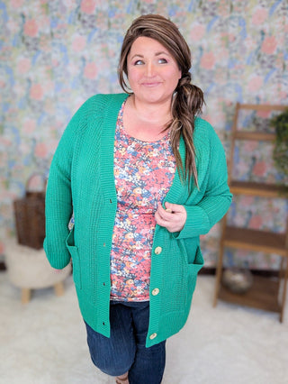 4- Overlayer Tops Joanna Slouchy Patch Pocket Grandpa Cardigan in Green plus size clothing