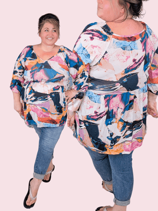Jocelyn Modified Sweetheart Long Sleeve Babydoll in Color Splash-2- Long Sleeve Tops-HEIMISH-Styled by Stacked - A Plus Size Women's Boutique in Lakeville, MN