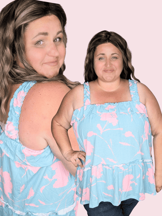 Joey Aqua + Pink Print Tiered Tank-1- ShortSlv/Slvless Tops-SEW IN LOVE-Styled by Stacked - A Plus Size Women's Boutique in Lakeville, MN