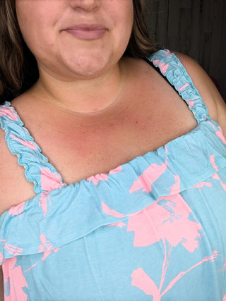 Joey Aqua + Pink Print Tiered Tank-1- ShortSlv/Slvless Tops-SEW IN LOVE-Styled by Stacked - A Plus Size Women's Boutique in Lakeville, MN