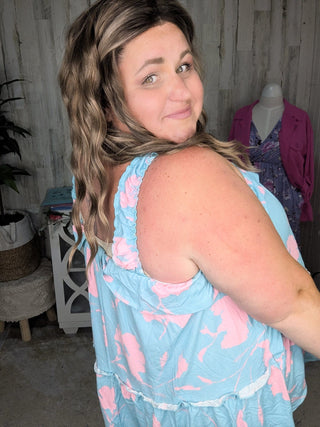 Joey Aqua + Pink Print Tiered Tank-1- ShortSlv/Slvless Tops-SEW IN LOVE-Styled by Stacked - A Plus Size Women's Boutique in Lakeville, MN