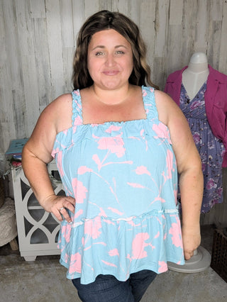Joey Aqua + Pink Print Tiered Tank-1- ShortSlv/Slvless Tops-SEW IN LOVE-Styled by Stacked - A Plus Size Women's Boutique in Lakeville, MN