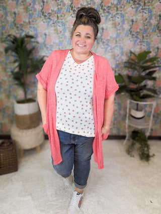 Cameron Short Sleeve Dolman Cardigan w/Pockets in Coral Pink-4- Overlayer Tops-HEIMISH-Styled by Stacked - A Plus Size Women's Boutique in Lakeville, MN