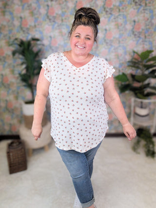 Johnna Ditsy Floral Flutter Sleeve Top in Ivory-1- ShortSlv/Slvless Tops-HEIMISH-Styled by Stacked - A Plus Size Women's Boutique in Lakeville, MN
