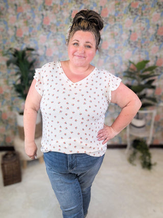 Johnna Ditsy Floral Flutter Sleeve Top in Ivory-1- ShortSlv/Slvless Tops-HEIMISH-Styled by Stacked - A Plus Size Women's Boutique in Lakeville, MN