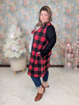 Jolie Buffalo Plaid Cardigan w/Black Sleeves-4- Overlayer Tops-Shopin LA-Styled by Stacked - A Plus Size Women's Boutique in Lakeville, MN