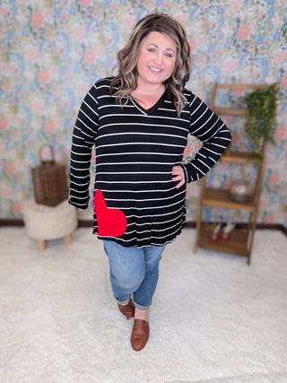 Jonah Black Striped Tunic w/Heart Accent-2- Long Sleeve Tops-HEIMISH-Styled by Stacked - A Plus Size Women's Boutique in Lakeville, MN