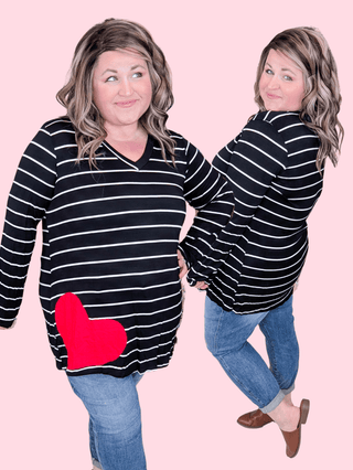 Jonah Black Striped Tunic w/Heart Accent-2- Long Sleeve Tops-HEIMISH-Styled by Stacked - A Plus Size Women's Boutique in Lakeville, MN