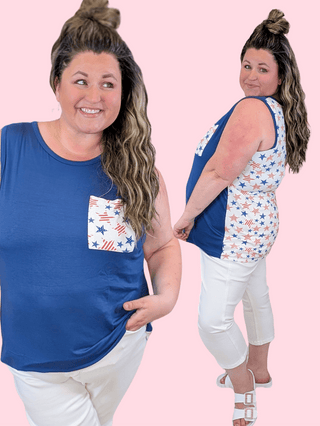 1- ShortSlv/Slvless Tops Jonnie Pocket Tank w/Star Accents in Blue plus size clothing