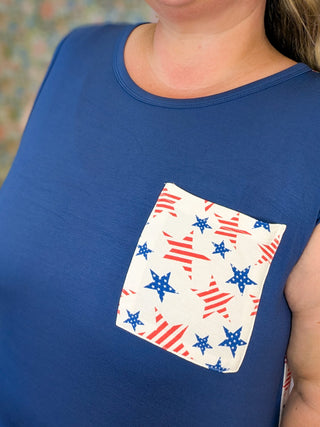 1- ShortSlv/Slvless Tops Jonnie Pocket Tank w/Star Accents in Blue plus size clothing