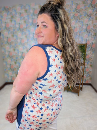 1- ShortSlv/Slvless Tops Jonnie Pocket Tank w/Star Accents in Blue plus size clothing