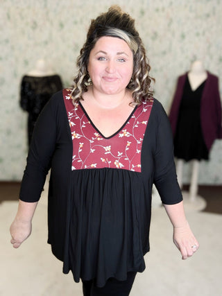 Jordan Floral Inset 3/4 Sleeve Flowy Top (2 Colors)-SHORT SLEEVE TOPS-voll-Styled by Stacked - A Plus Size Women's Boutique in Lakeville, MN