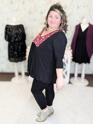 Jordan Floral Inset 3/4 Sleeve Flowy Top (2 Colors)-SHORT SLEEVE TOPS-voll-Styled by Stacked - A Plus Size Women's Boutique in Lakeville, MN