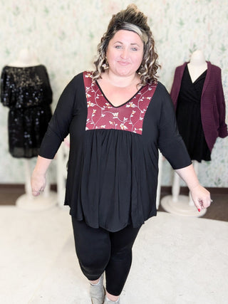 Jordan Floral Inset 3/4 Sleeve Flowy Top (2 Colors)-SHORT SLEEVE TOPS-voll-Styled by Stacked - A Plus Size Women's Boutique in Lakeville, MN