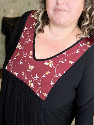 Jordan Floral Inset 3/4 Sleeve Flowy Top (2 Colors)-SHORT SLEEVE TOPS-voll-Styled by Stacked - A Plus Size Women's Boutique in Lakeville, MN
