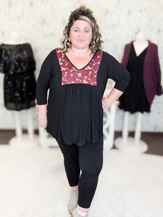 Jordan Floral Inset 3/4 Sleeve Flowy Top (2 Colors)-SHORT SLEEVE TOPS-voll-Styled by Stacked - A Plus Size Women's Boutique in Lakeville, MN